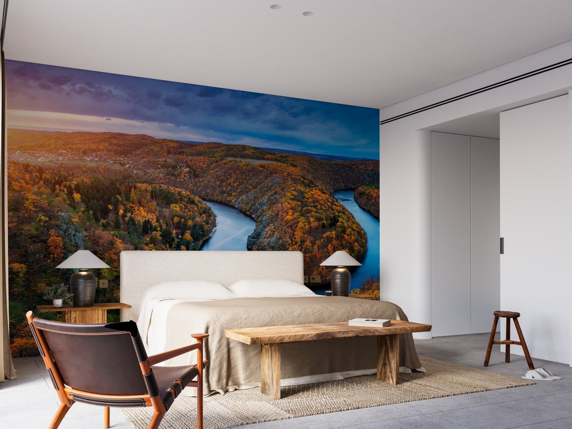 Bedroom wall mural featuring an orange and blue river landscape.