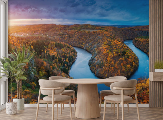 Vltava River Autumn Forest Wall Mural in a dining room.