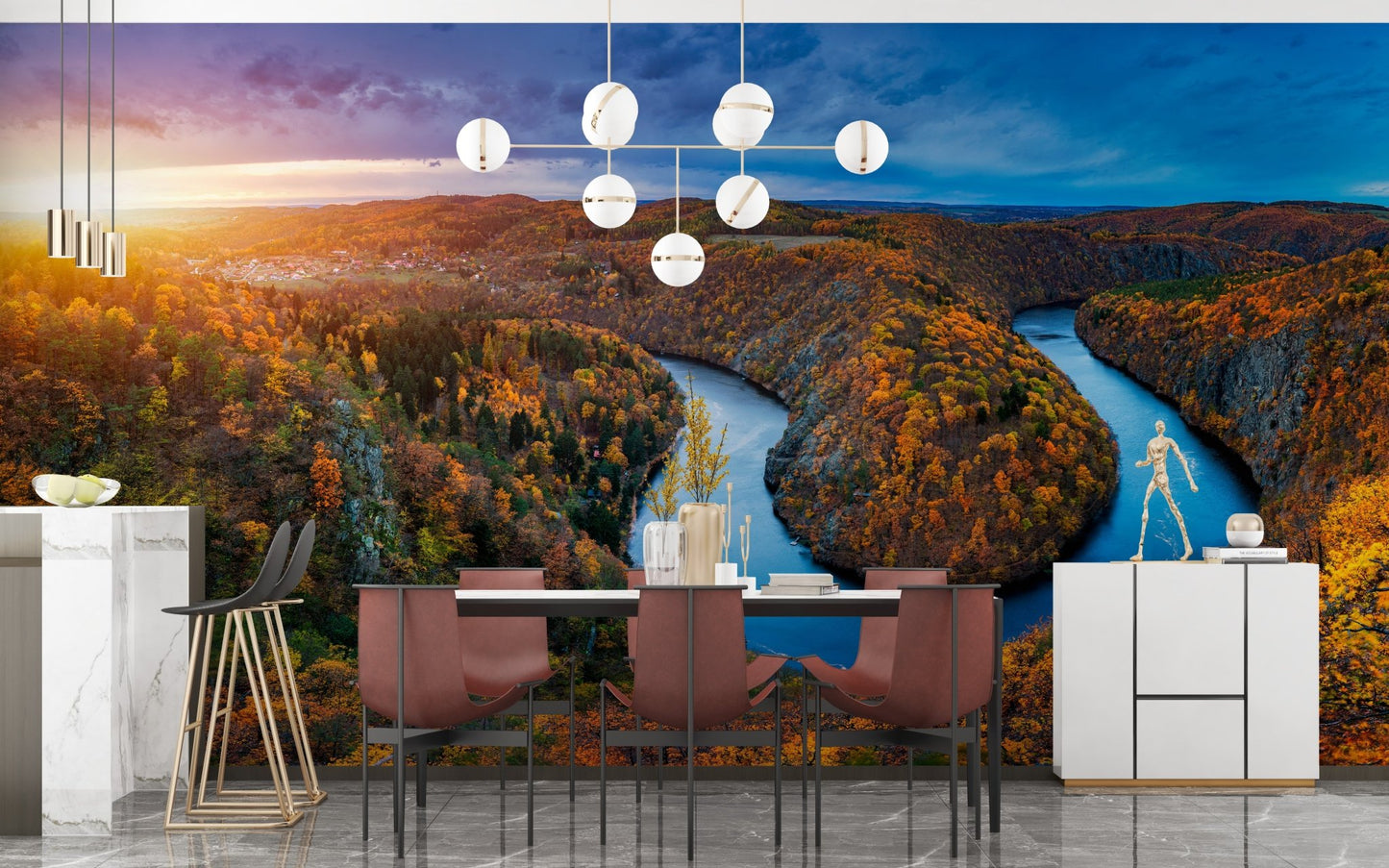 Modern dining area with a nature-themed mural showing autumn trees.