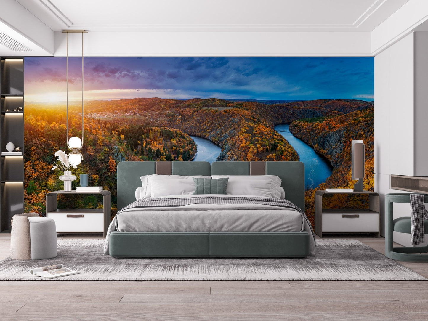 Contemporary bedroom design with a wide river landscape wall mural.