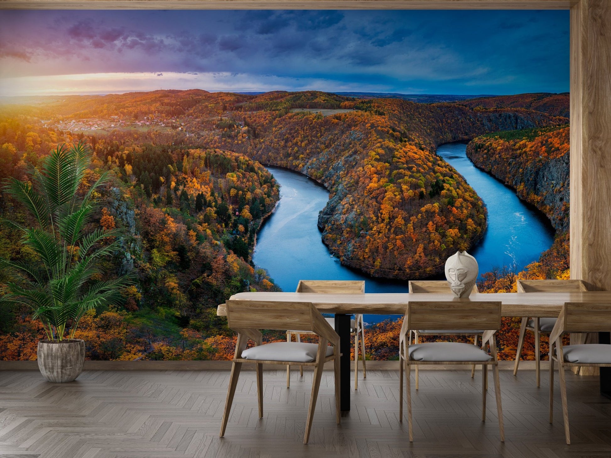 Large landscape wall mural of a river bend in modern dining room.