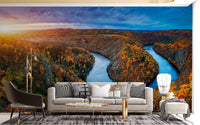 Minimalist living room featuring a sunset river wall mural.