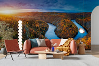 Office space concept using a river and forest wall mural.