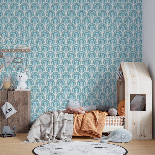 Repeating arch wallpaper in a bedroom with a house-shaped bed