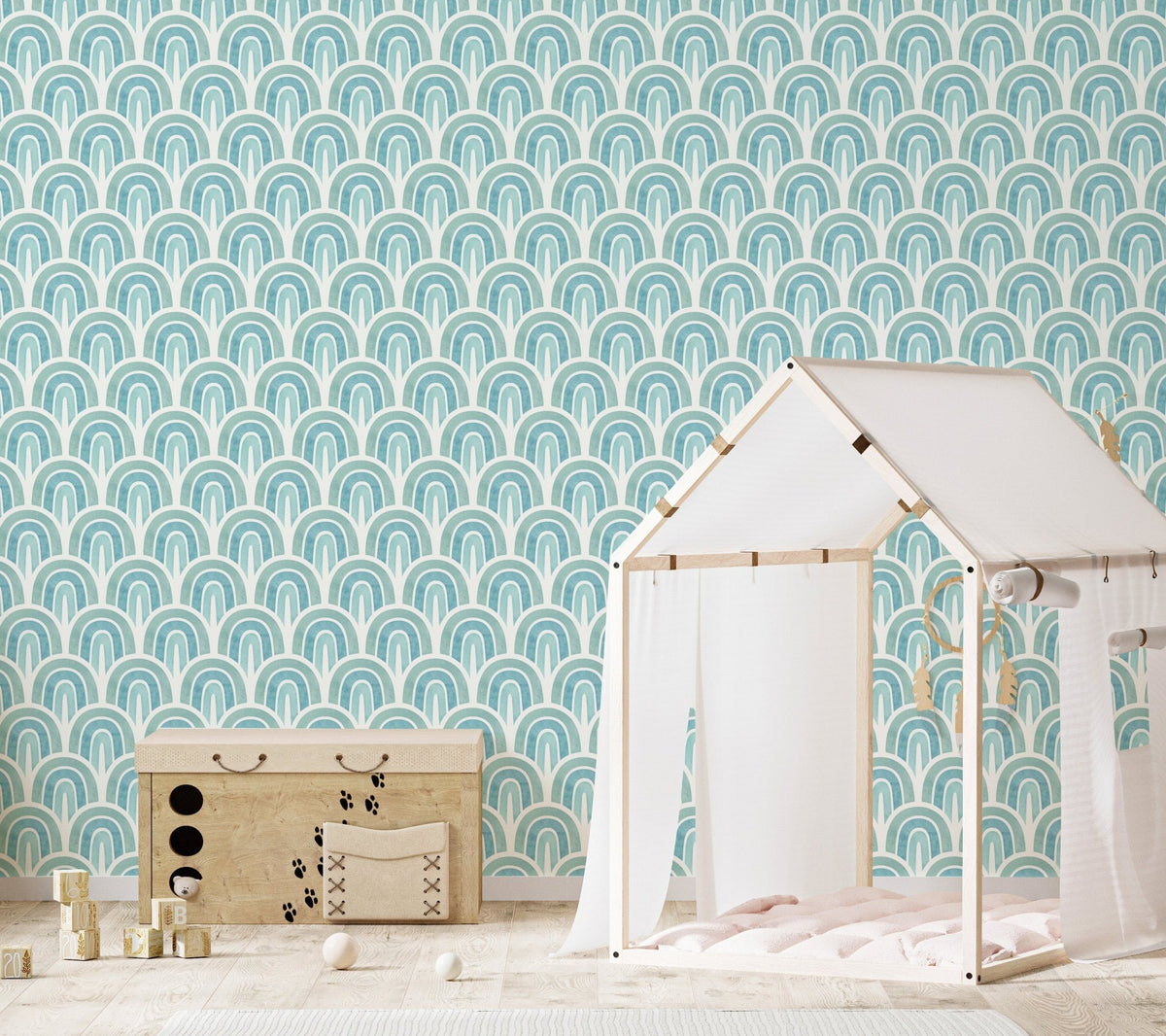 Light blue textured wallpaper in a modern kids room design