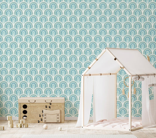 Light blue textured wallpaper in a modern kids room design