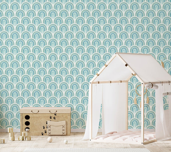 Light blue textured wallpaper in a modern kids room design