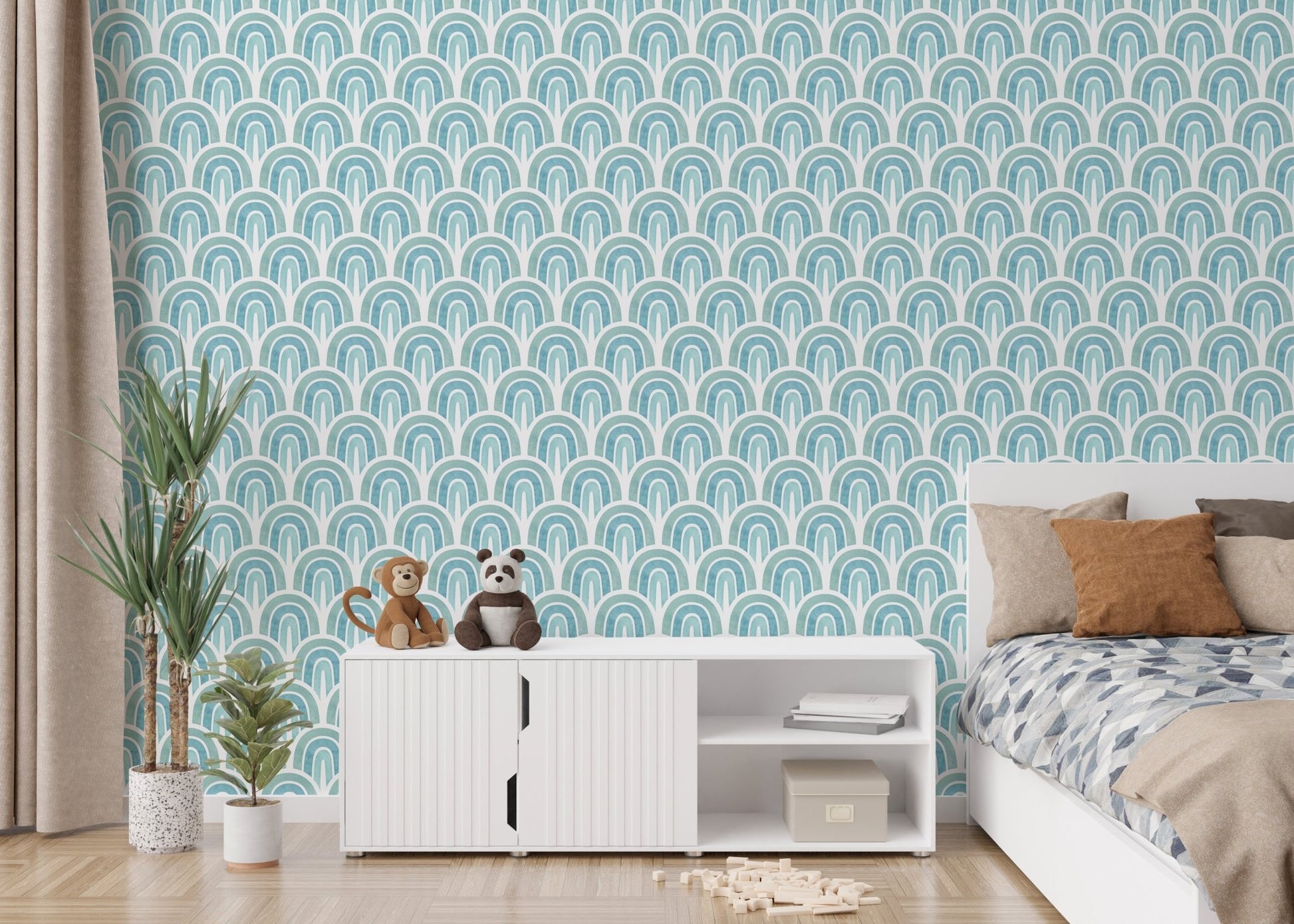 Teal arch abstract pattern wallpaper in a modern kids bedroom