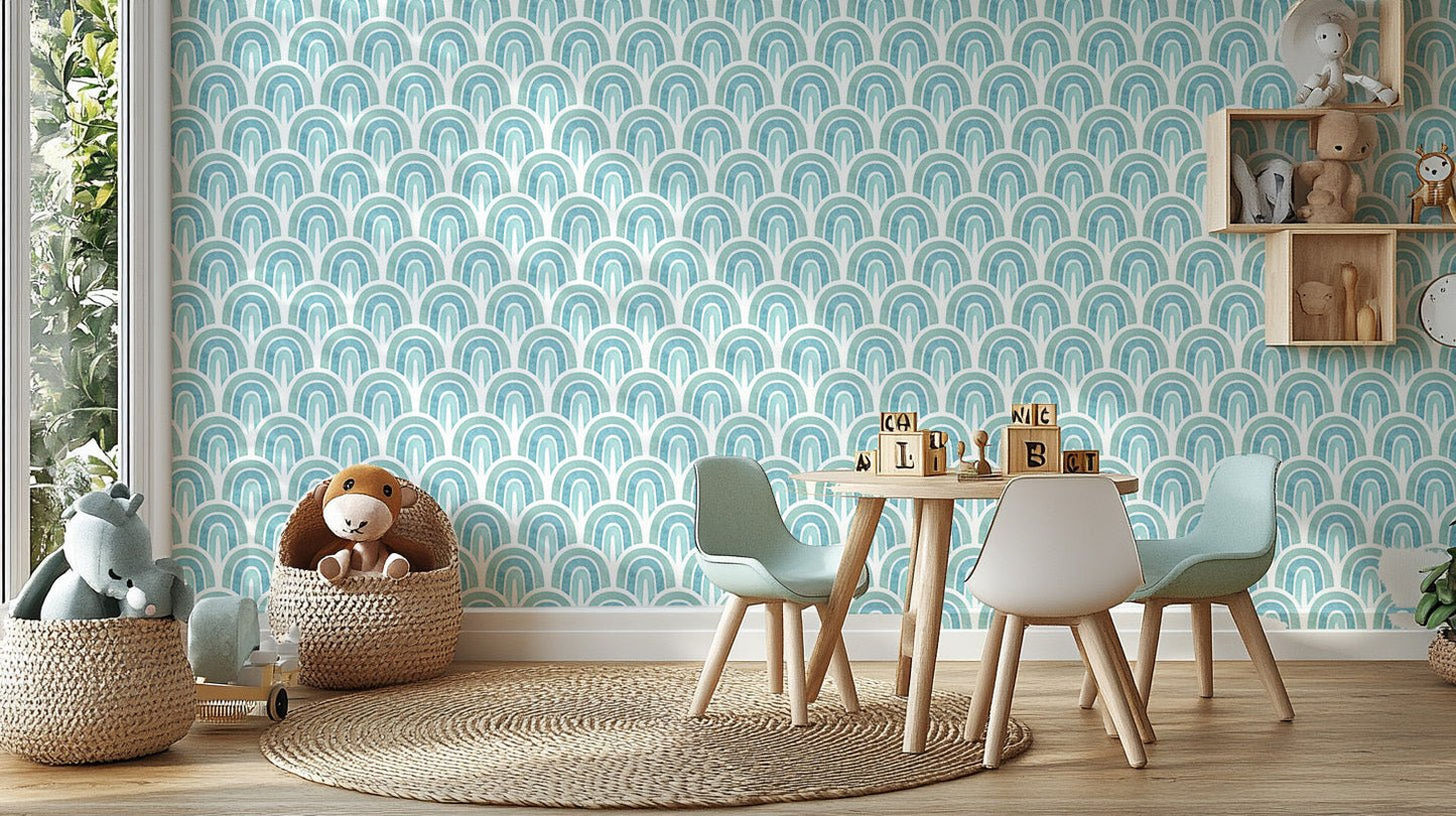 Playful blue patterned wallpaper for a children's area