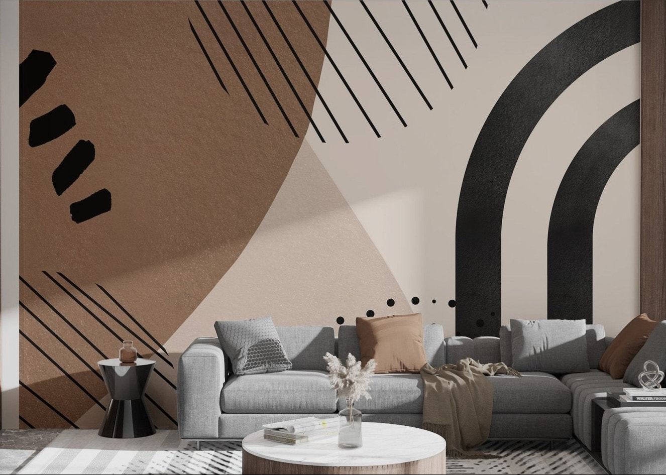 Contemporary art style wall mural with abstract shapes for living room interior.