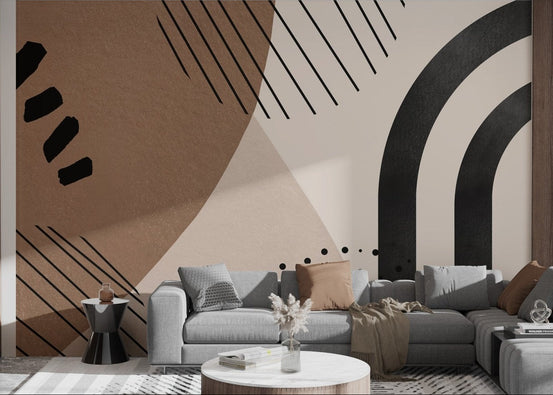 Contemporary art style wall mural with abstract shapes for living room interior.
