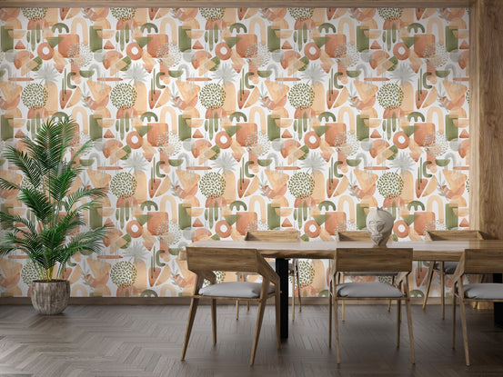 Warm pastel abstract watercolor wallpaper for dining room.