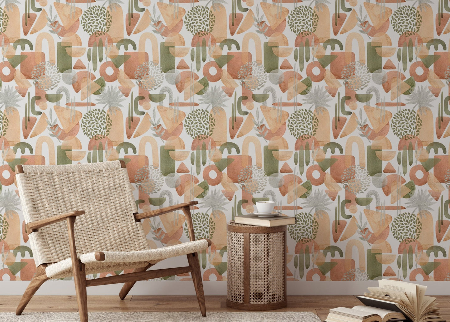 Reading chair and side table positioned near a warm pastel colors wallpaper.