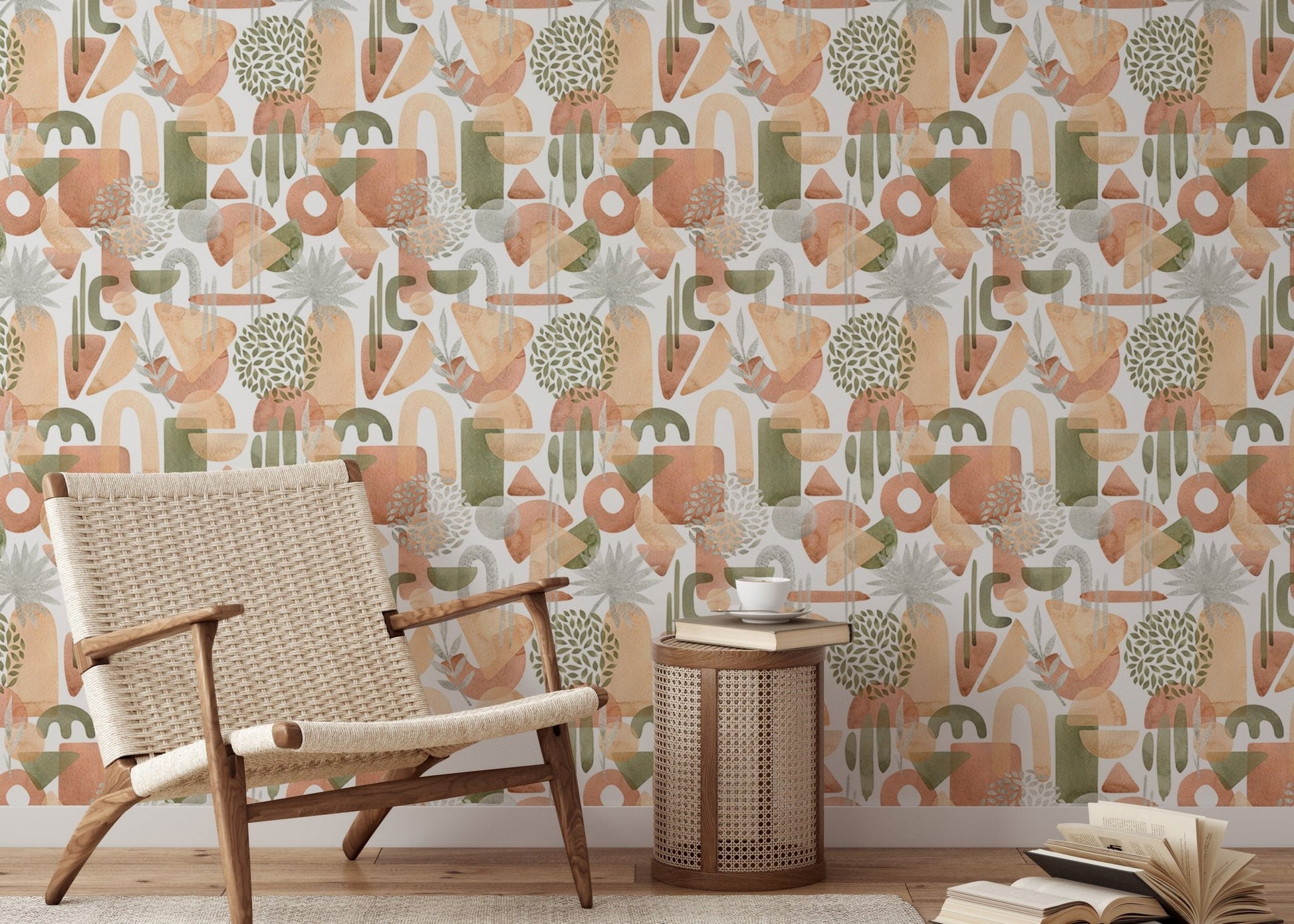 Reading chair and side table positioned near a warm pastel colors wallpaper.