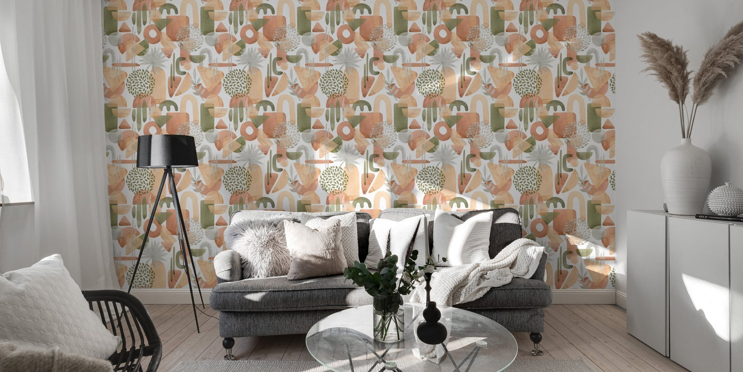Watercolor abstract shapes wallpaper in living space.