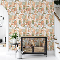 Green pastel watercolor wallpaper with abstract shapes in hallway.