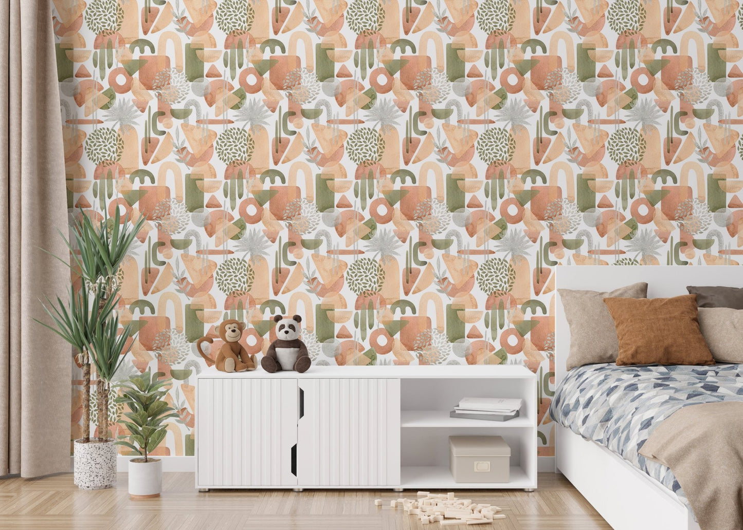 Bedroom featuring a white cabinet and watercolor abstract shapes wallpaper.