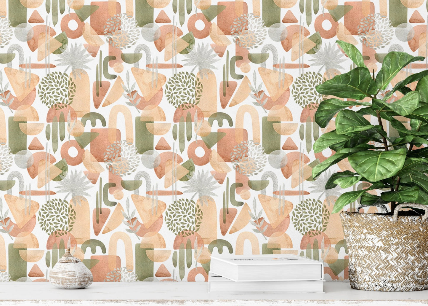 Decorative watercolor shapes wallpaper in pastel green tones for reading space.