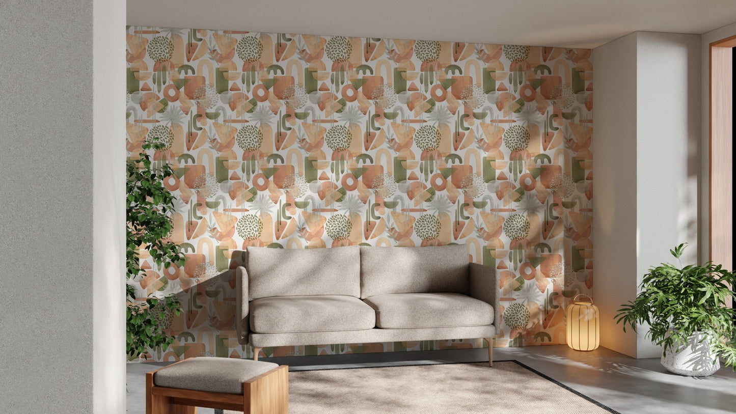 Modern abstract shapes in watercolor green wallpaper in sitting area.