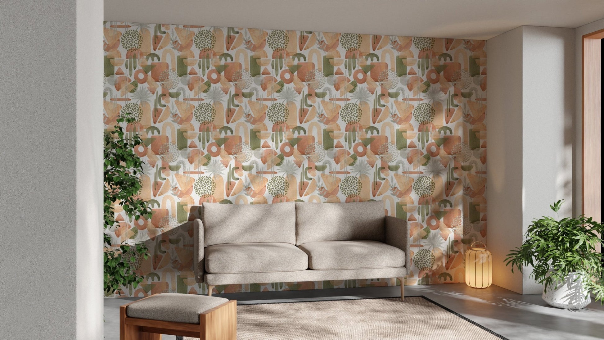 Modern abstract shapes in watercolor green wallpaper in sitting area.