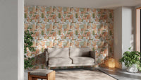 Modern abstract shapes in watercolor green wallpaper in sitting area.