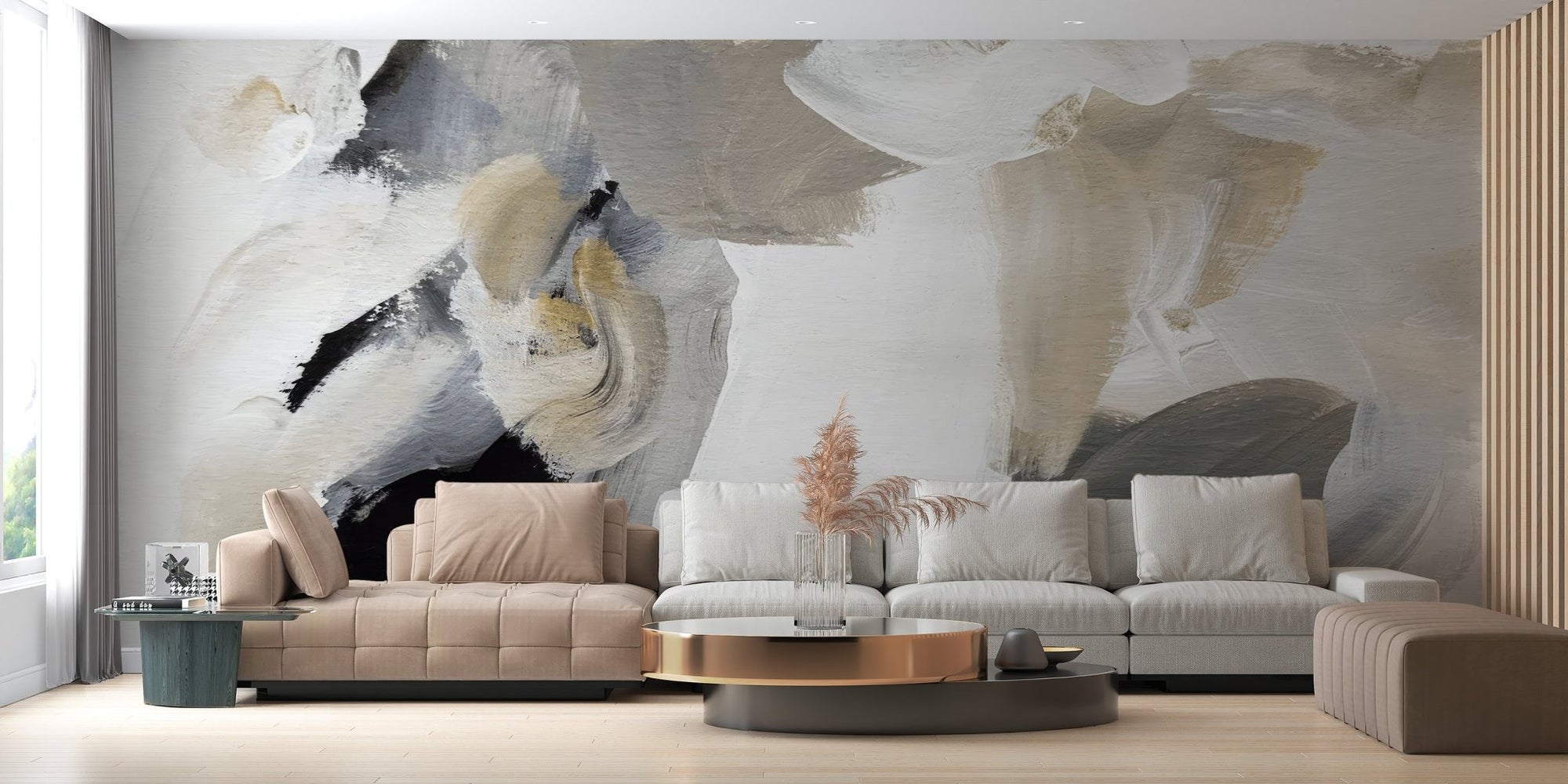 Watercolor abstract wall mural with beige, gray, and black brush strokes.