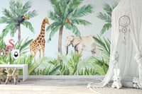 Soft green and blue safari animal wall mural in a neutral kids bedroom.