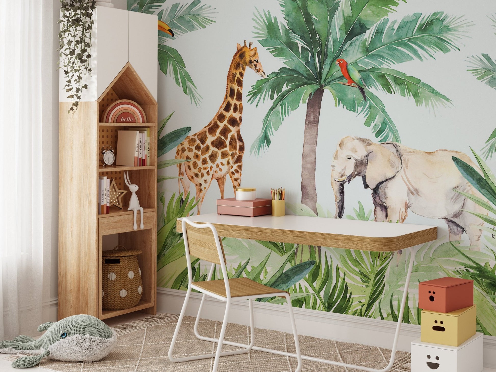 Large elephant and giraffe watercolor wall mural for a creative learning area.