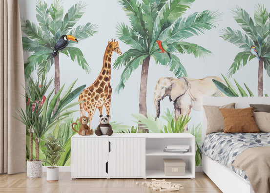 Animal themed wall mural for a child's bedroom with white storage units.