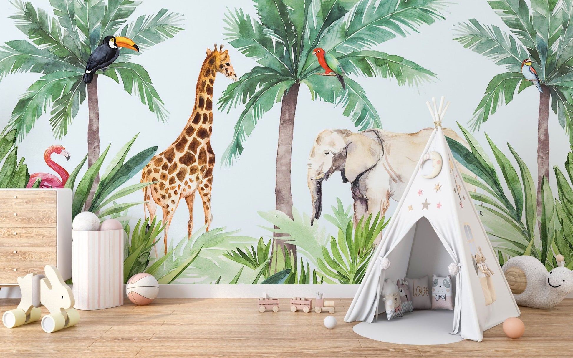 Jungle animal theme wall mural with a giraffe behind a white play tent.