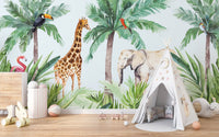 Jungle animal theme wall mural with a giraffe behind a white play tent.
