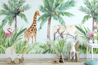 Safari animal wall mural featuring palm trees and a toucan in a nursery space.