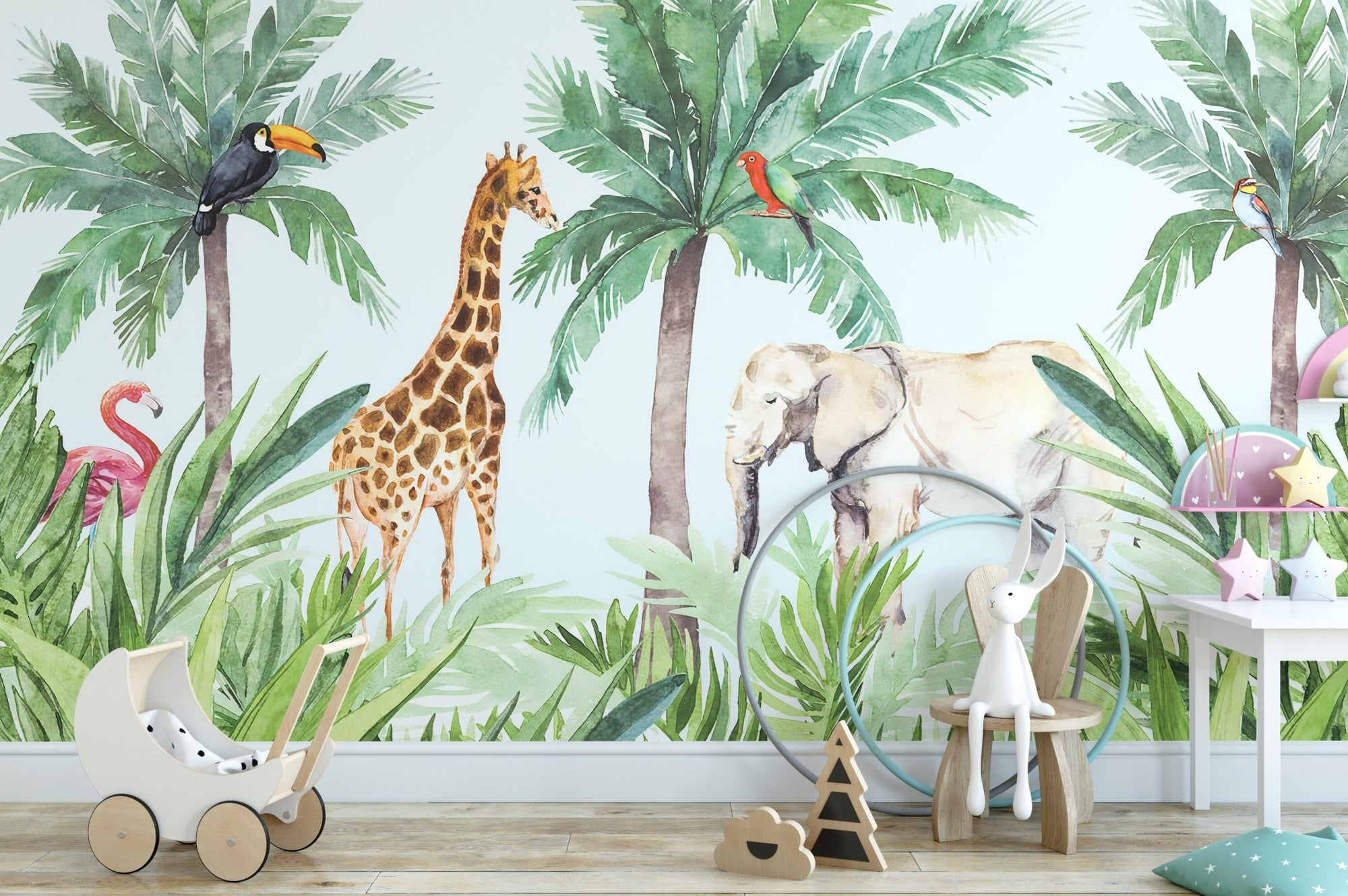 Safari animal wall mural featuring palm trees and a toucan in a nursery space.