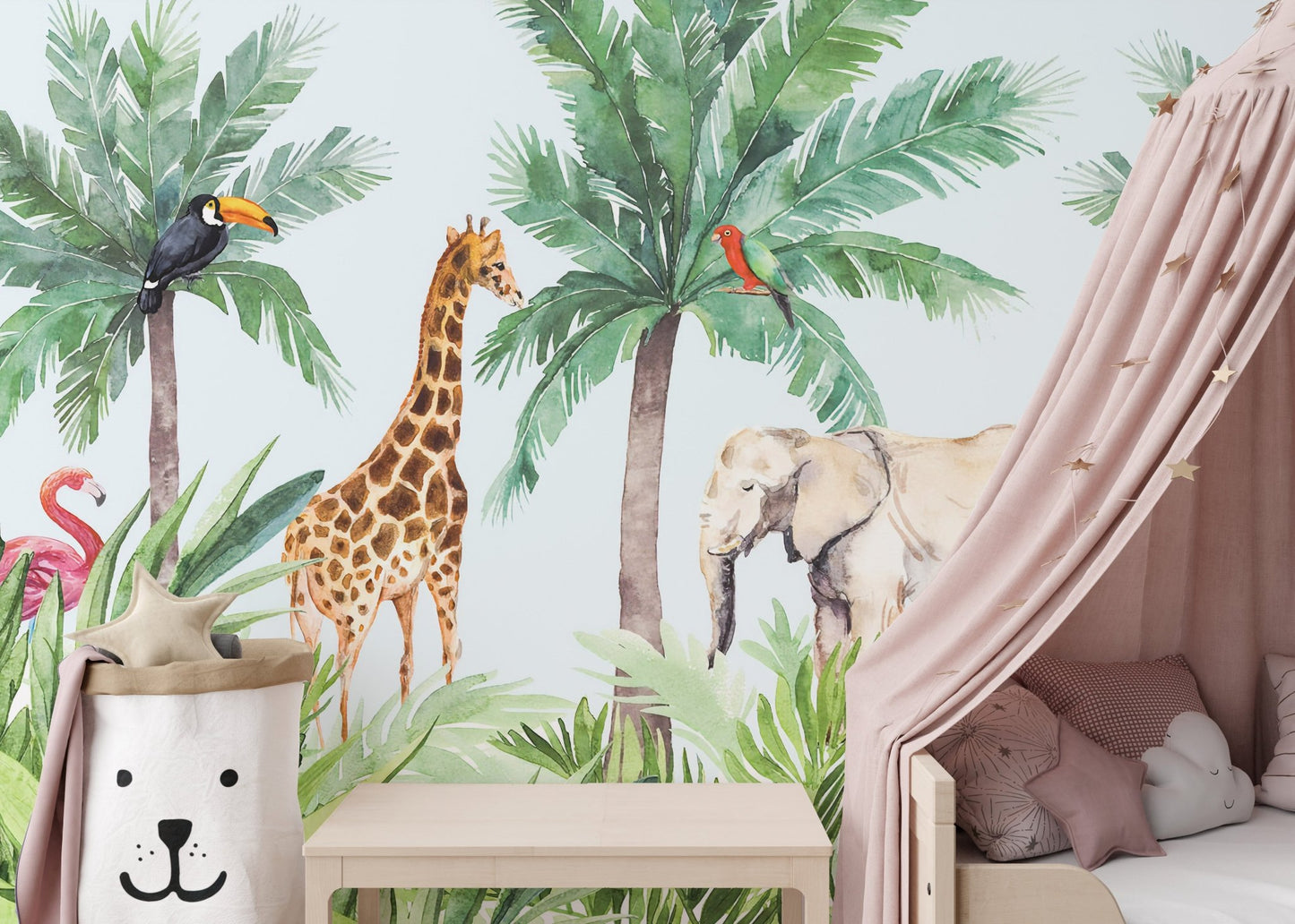 Animal-themed watercolor wall mural for kids bedroom with pink tent.
