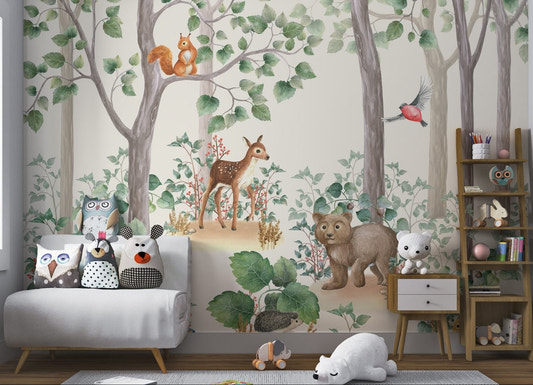 Whimsical forest wall mural with watercolor animals for nursery.