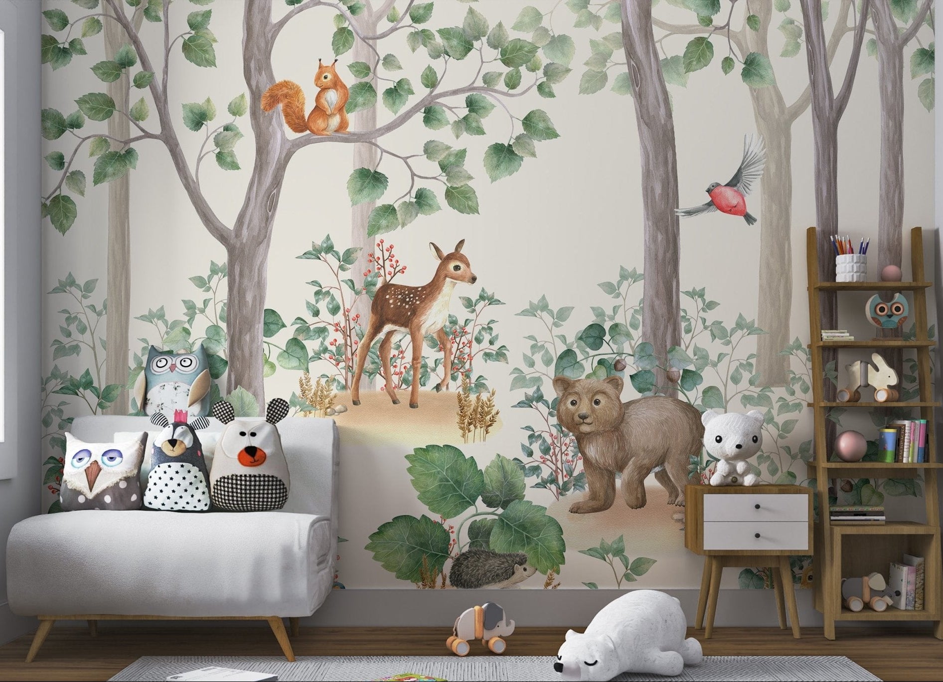 Whimsical forest wall mural with watercolor animals for nursery.