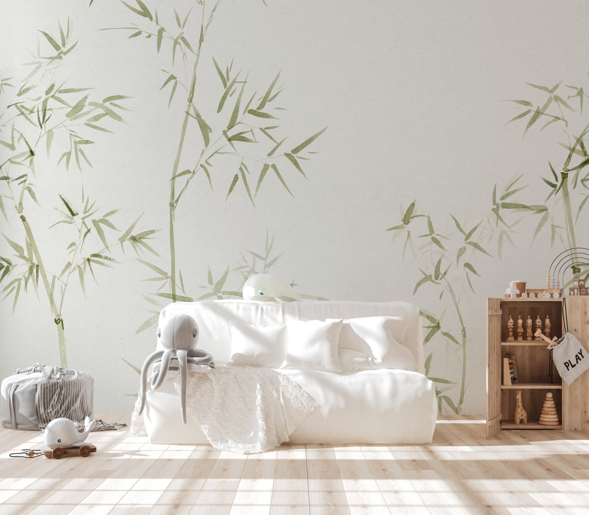Neutral background wall mural highlighting green watercolor bamboo tree wallpaper.