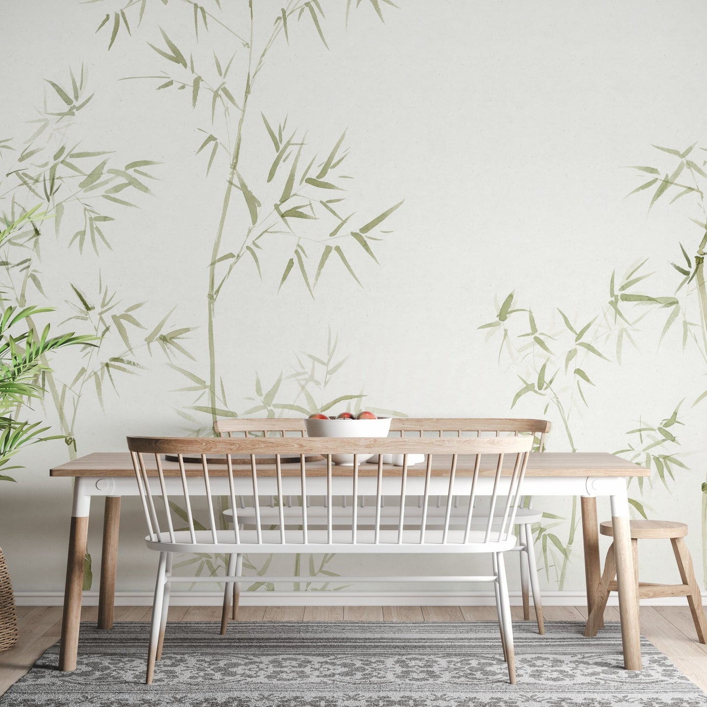 Watercolor bamboo tree wallpaper with green stalks on a cream background wall mural.