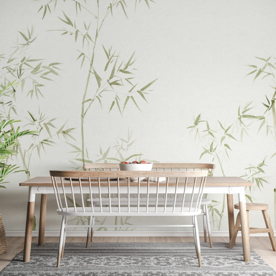 Watercolor bamboo tree wallpaper with green stalks on a cream background wall mural.