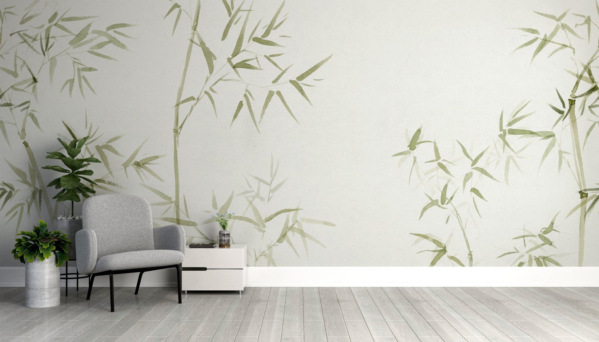 Minimalist botanical wall decor featuring light green bamboo leaves wallpaper.