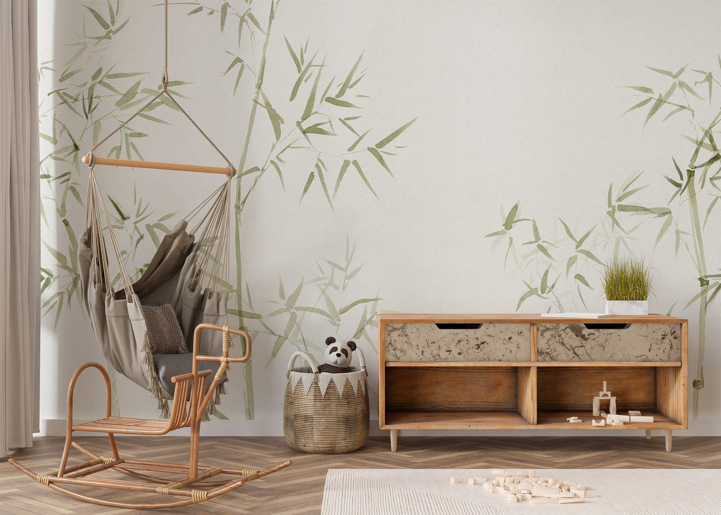 Earthy green and white wall mural featuring realistic bamboo stalks wallpaper.