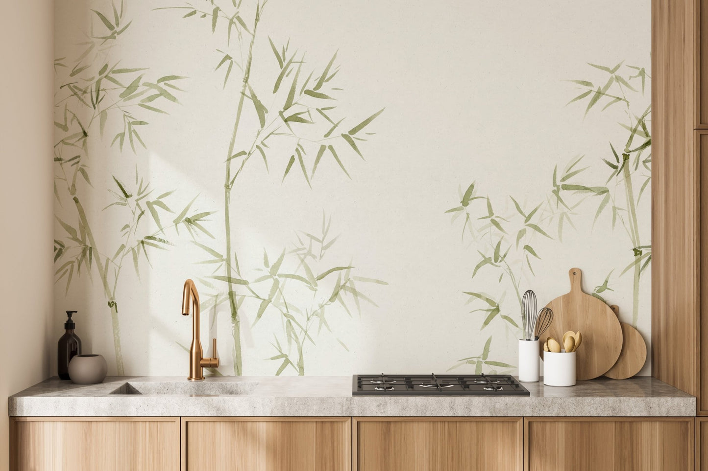 Modern nature inspired wall mural with soft green watercolor paint effects.