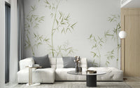 Subtle forest theme wall decor with watercolor bamboo tree wallpaper patterns.