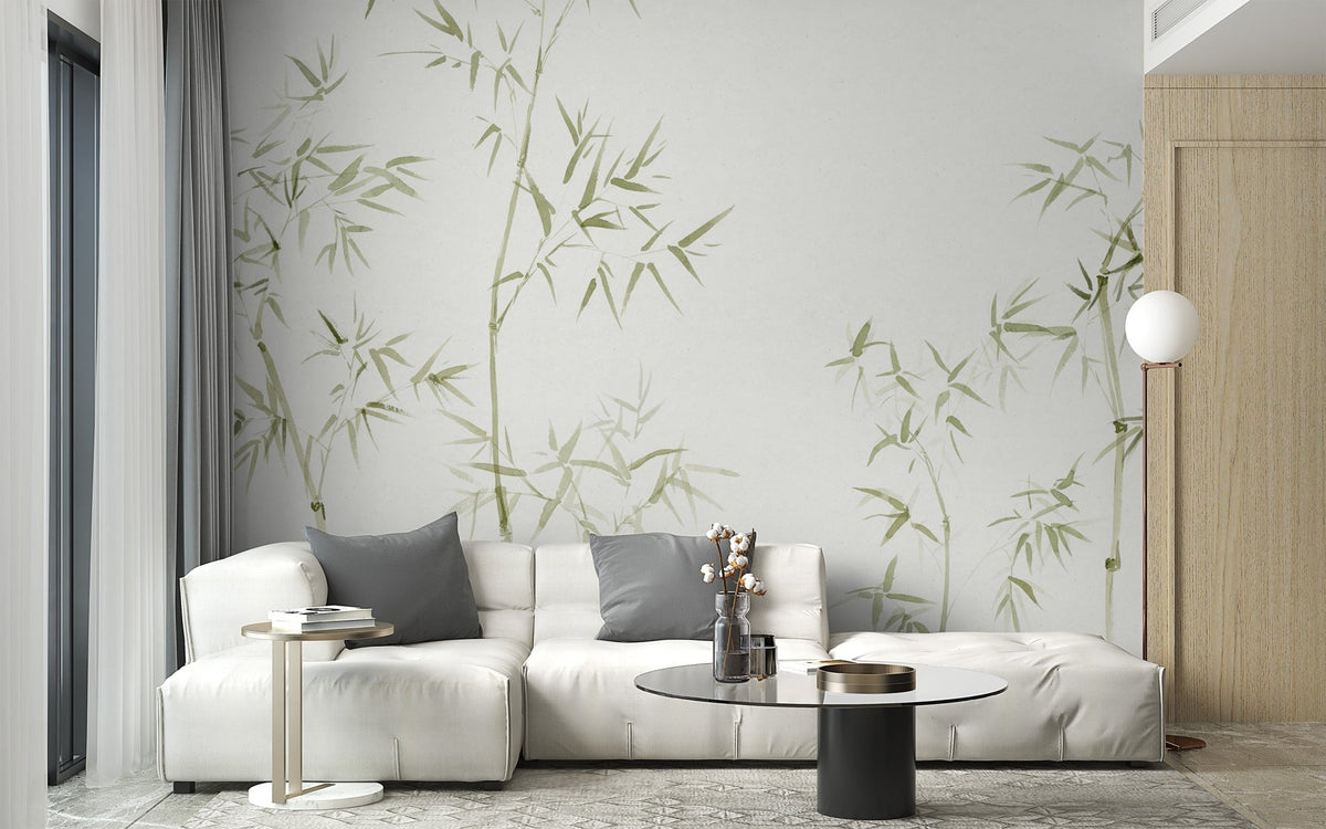 Subtle forest theme wall decor with watercolor bamboo tree wallpaper patterns.