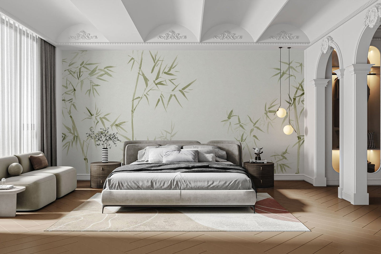 Sustainable look botanical wall decor with leafy bamboo tree wallpaper.