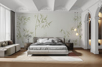 Sustainable look botanical wall decor with leafy bamboo tree wallpaper.