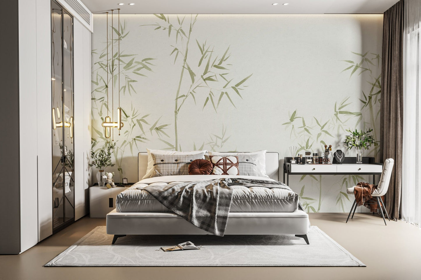 Abstract plant art wall mural using soft green watercolor bamboo tree wallpaper.