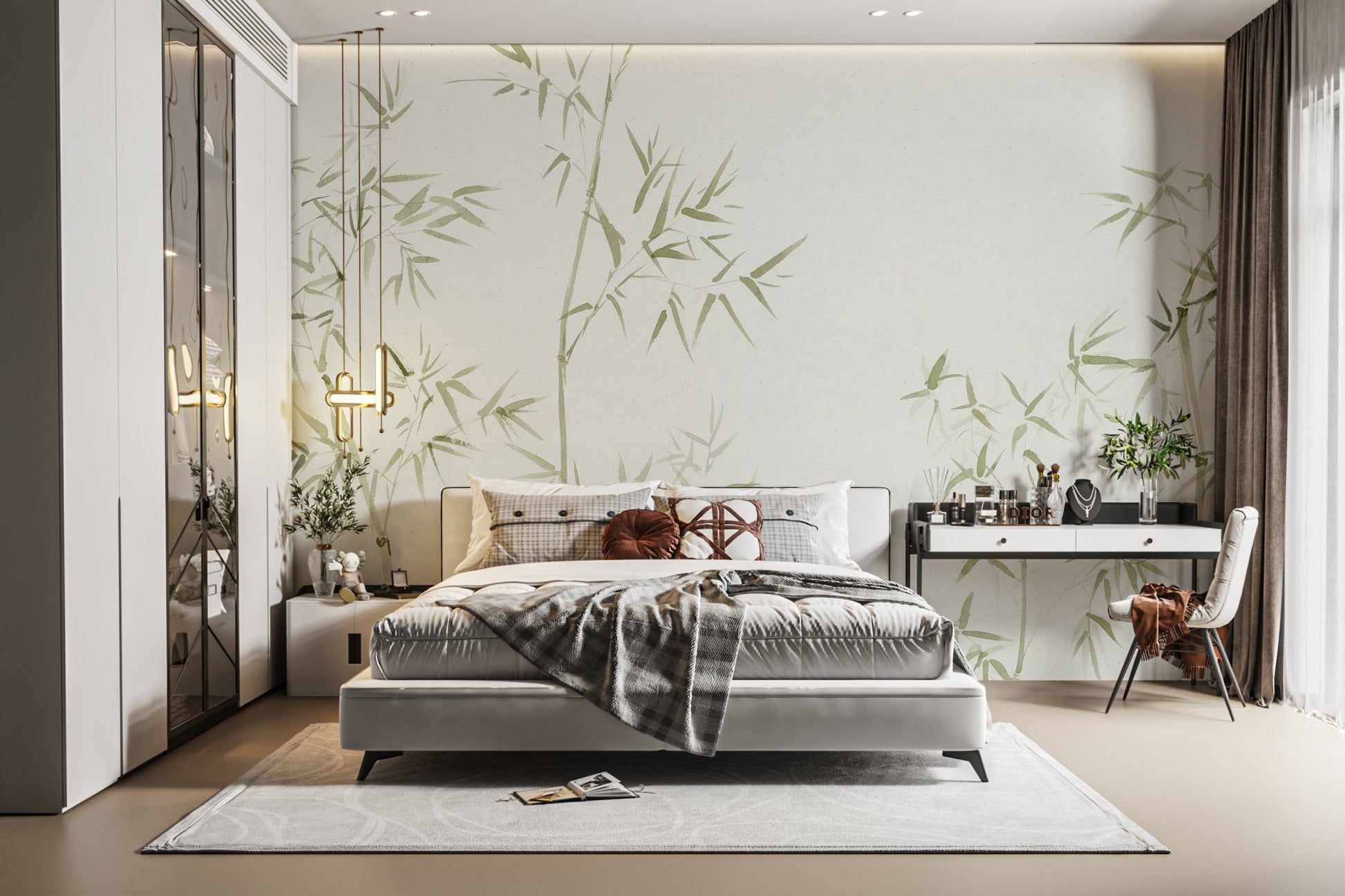 Abstract plant art wall mural using soft green watercolor bamboo tree wallpaper.