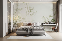 Abstract plant art wall mural using soft green watercolor bamboo tree wallpaper.