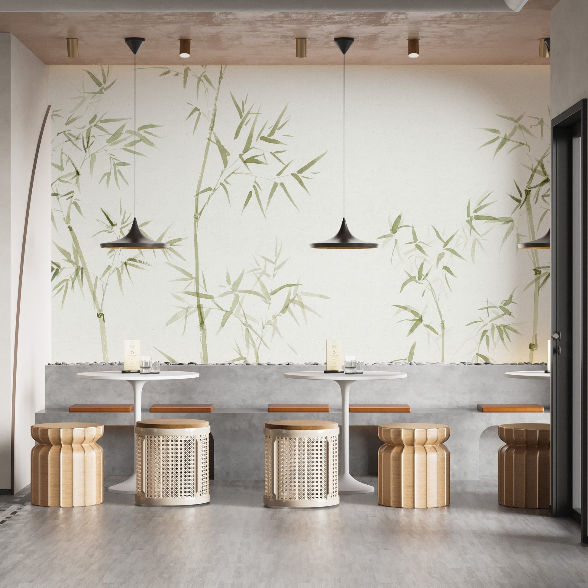 Light green foliage wallpaper design with artistic watercolor bamboo trees.